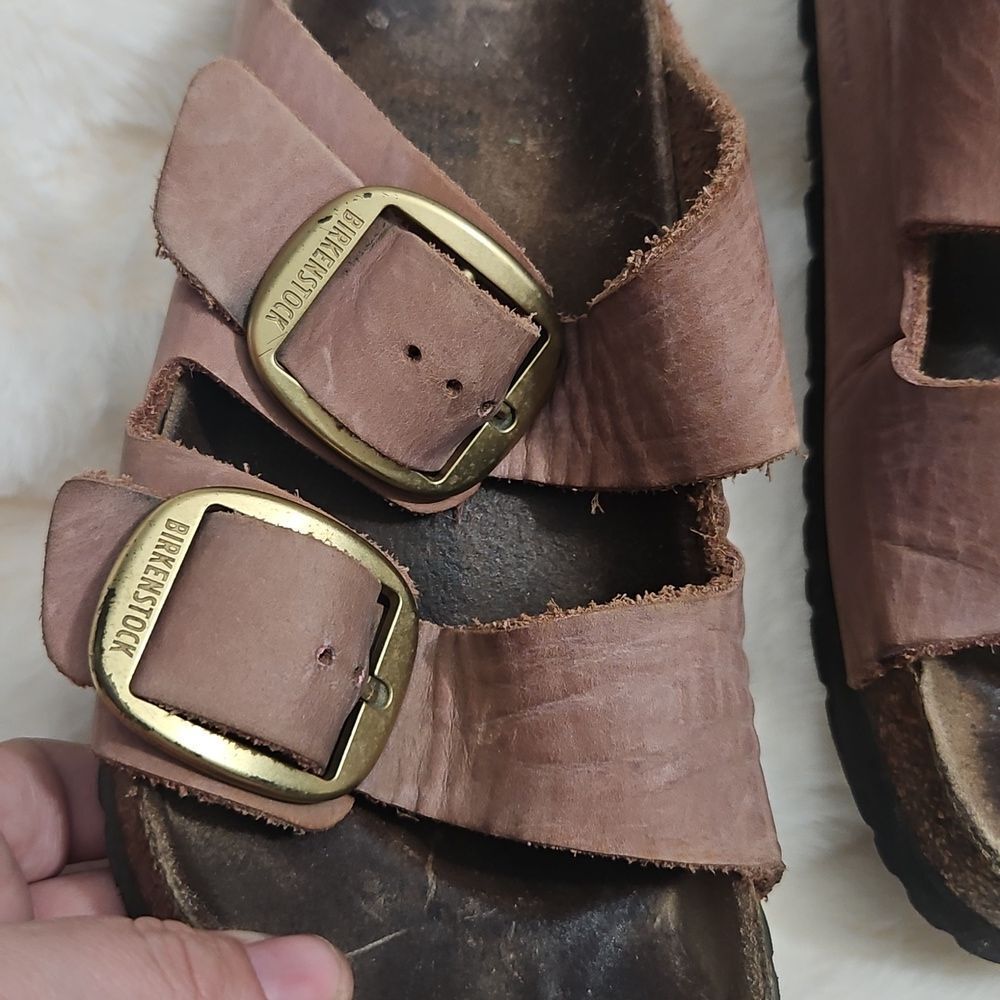 Birkenstock Arizona Pink Brown Leather Sandals Size 38, L7 Well Worn - Picture 4 of 13